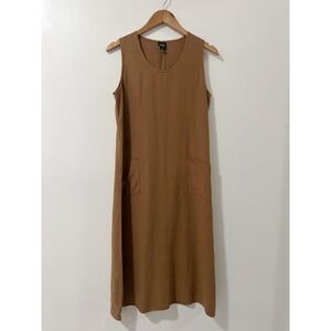 Eileen Fisher 100% Linen Dress M Brown Sleeveless Midi Pockets Casual Minimalist